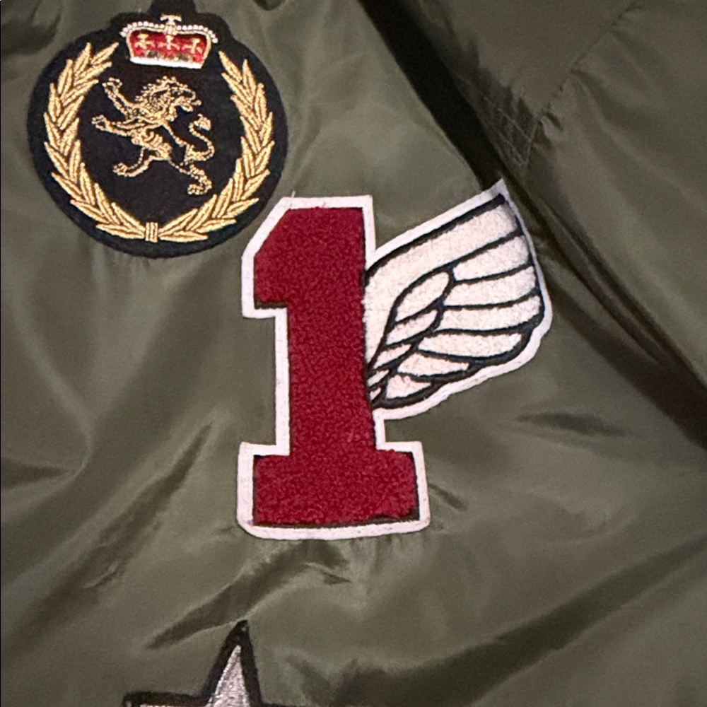 Express Olive Green Bomber Jacket with Patches - Picture 4 of 7